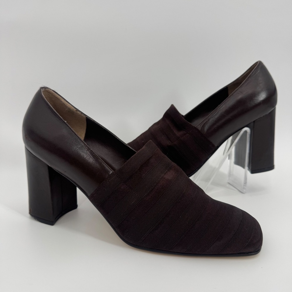 Vittorio Ricci Studio Brown Leather Stretch Block Heel‎ Square Toe Pumps Size 8
